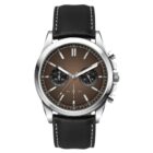 A wristwatch with a brown gradient dial, silver casing, and a black leather strap. It features three subdials and silver hour markers, combining a classic and modern design.
