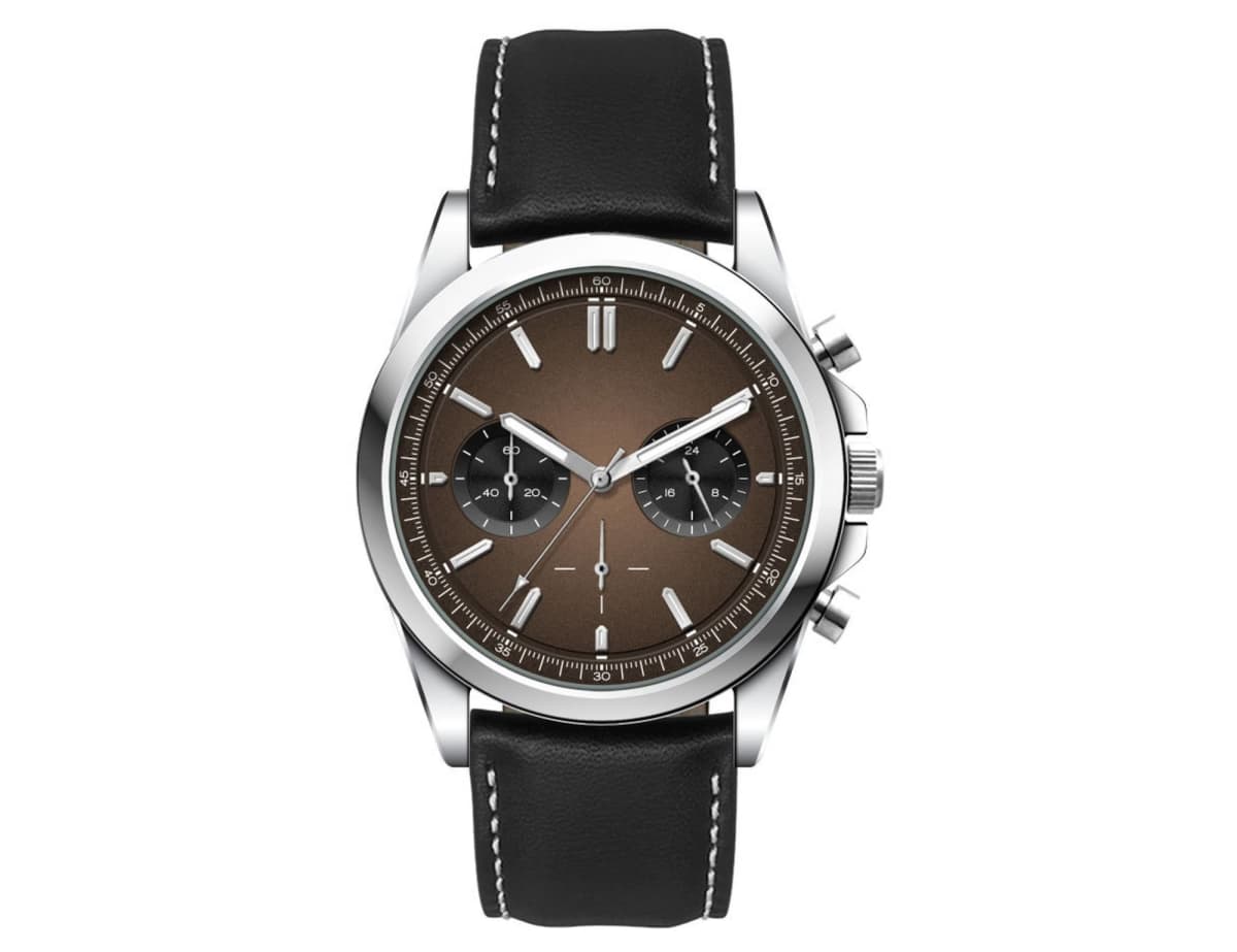 A wristwatch with a brown gradient dial, silver casing, and a black leather strap. It features three subdials and silver hour markers, combining a classic and modern design.