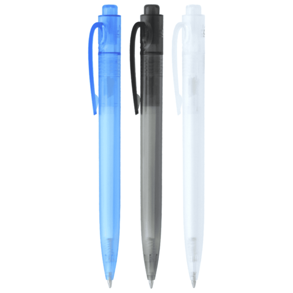 Three translucent pens are shown in a row. The pen on the left is blue, the middle pen is black, and the pen on the right is white. Each pen has a clip on its cap and a retractable tip.