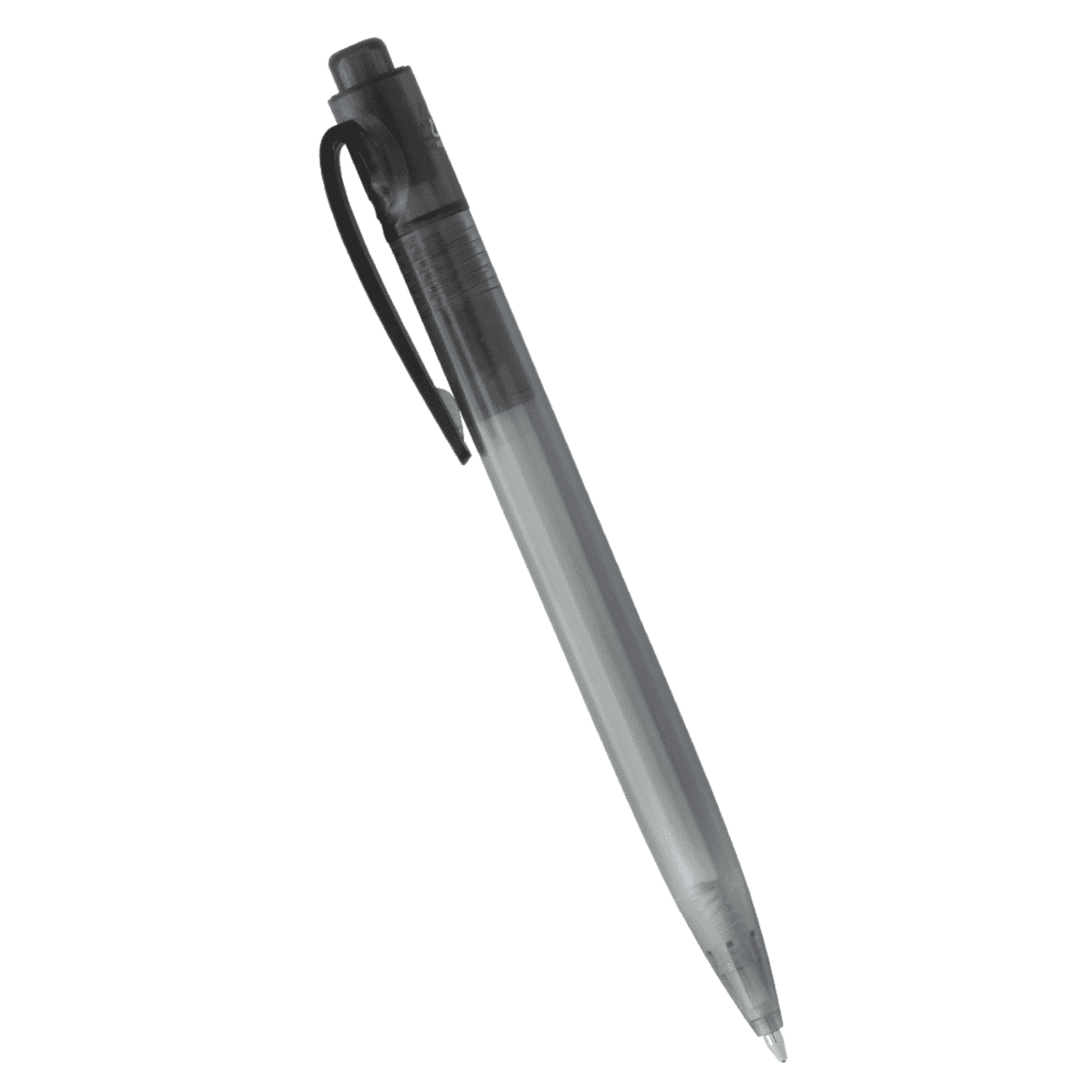A translucent gray ballpoint pen with a retractable tip and a clip on the side.