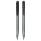 Two transparent gray retractable pens with black clips and tops are shown. The barrels are clear, revealing the ink chamber inside. The recycling symbol is visible on the top part of each pen.