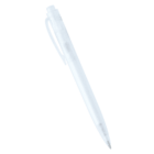 A transparent plastic pen with a clip and retractable tip, positioned diagonally against a plain white background.