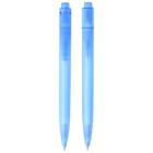 Two semi-transparent blue ballpoint pens with retractable tips stand upright side by side. Each pen features a clip near the top and smooth, streamlined design.