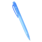 A translucent blue retractable ballpoint pen is shown against a white background. The pen has a pocket clip and a click mechanism at the top.