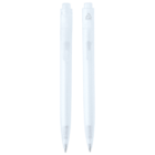 Two clear, retractable pens with transparent barrels are shown side by side. Each pen has a clip and push button on the top and visible pen tips at the bottom. A recycling symbol is printed on the upper part of the barrels.