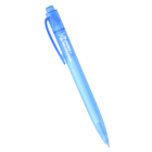 A translucent blue ballpoint pen with a retractable mechanism and a clip. Parks and Recreation is printed on the side in white letters.
