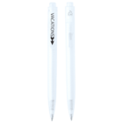 Two translucent white pens are standing upright. The pen on the left has the word VACATION printed vertically with an arrow pointing down. The pen on the right has a recycling symbol near the top. Both pens have a minimalist design.