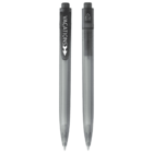 Two black retractable pens with transparent reservoirs. One pen has the word VACATIONS in white on the clip, and the other has a recycling symbol. Both pens have clips and are shown from a frontal view.