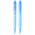Two translucent blue ballpoint pens are shown side by side. The left pen is labeled VACATIONS in white text with an arrow pointing downwards.