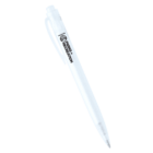 A translucent white ballpoint pen with a black Parks and Recreation logo printed near the clip. The pen has a retractable tip and a curved clip for attachment.