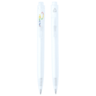 Two white retractable pens are shown standing upright. The pen on the left has a colorful logo reading prodir while the pen on the right displays a recycling symbol. Both have a transparent lower section.