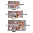 Three brown pet name tags with a corgi and paw prints in sizes S (40x30mm), M (50x30mm), and L (60x40mm). Each tag features the text PET NAME with a similar design.