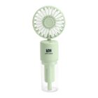 A portable, mint green handheld fan with a transparent water tank and a detachable spray nozzle. The fan has a round, open blade design and a small logo in the center.