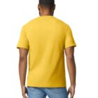 A person with short dark hair is standing with their back to the viewer, wearing a plain yellow T-shirt and blue jeans against a white background.