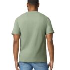 The image shows a person wearing a plain green t-shirt and blue jeans, facing away from the camera against a white background.