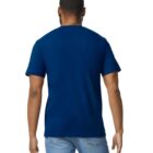 A man standing with his back to the camera, wearing a plain navy blue T-shirt and light blue jeans. The background is a solid white color.
