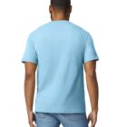 A person with short hair is standing with their back facing the camera, wearing a light blue t-shirt and blue jeans. The background is plain white.