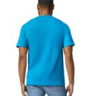A person with short hair is standing with their back facing the camera, wearing a bright blue T-shirt and blue jeans. The background is white.