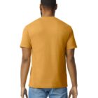 A person with short hair, seen from behind, wearing a mustard yellow t-shirt and blue jeans. The background is plain white.