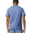 A man wearing a blue t-shirt and jeans is facing away from the camera against a plain white background.