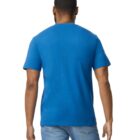 A man wearing a plain blue T-shirt and blue jeans is shown from the back. He has short hair and stands against a plain white background.