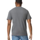 A person wearing a gray t-shirt and blue jeans is standing with their back to the camera against a white background.