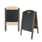 Two wooden A-frame chalkboards are shown. One side features the words Coffee Shop with coffee-related illustrations in yellow and white. The other side is blank except for a small circular logo at the top.