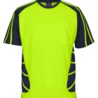 A bright neon yellow and black short-sleeved sports jersey with black stripes on the sleeves and sides. It features a round neck and a small chest pocket.