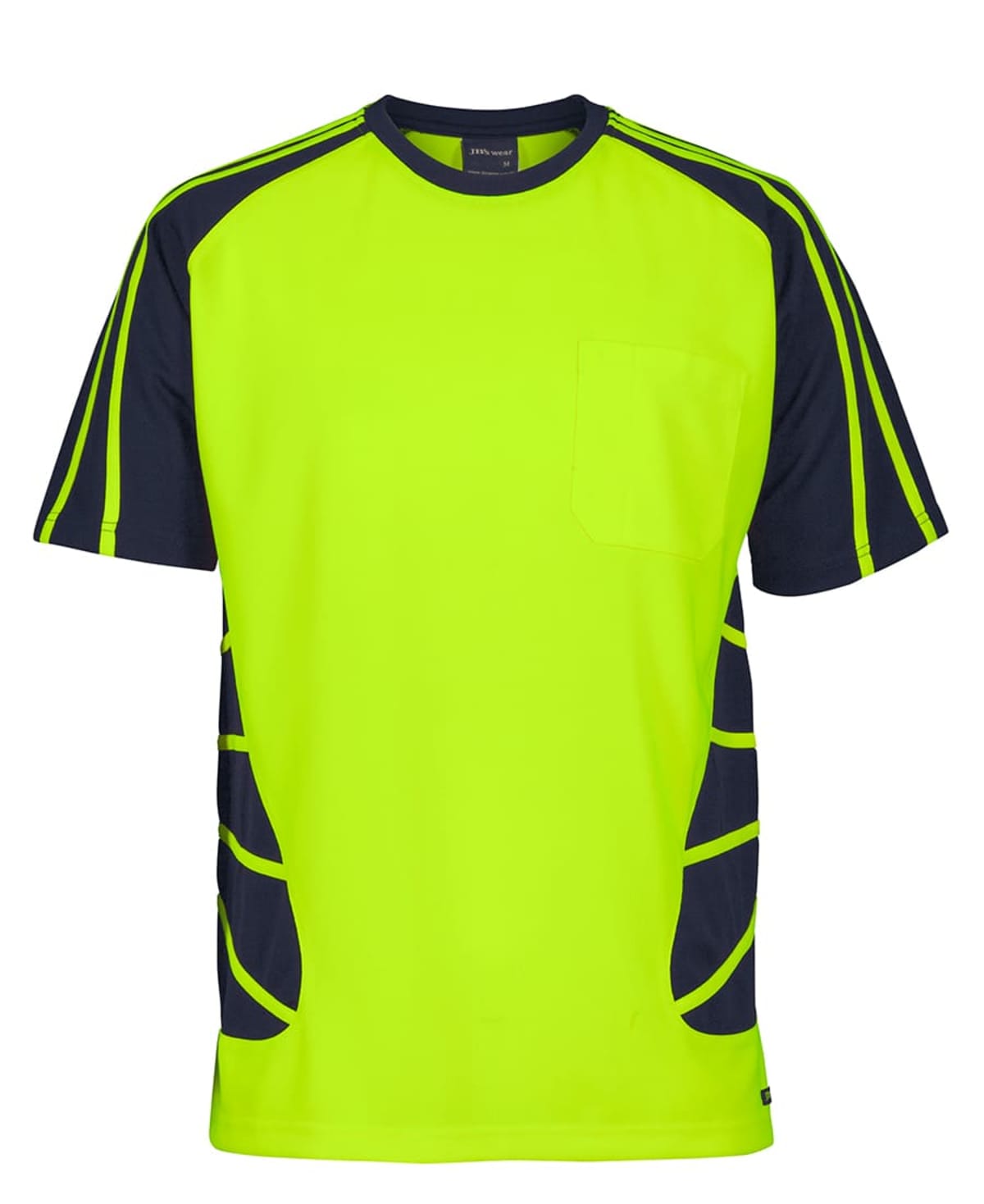 A bright neon yellow and black short-sleeved sports jersey with black stripes on the sleeves and sides. It features a round neck and a small chest pocket.