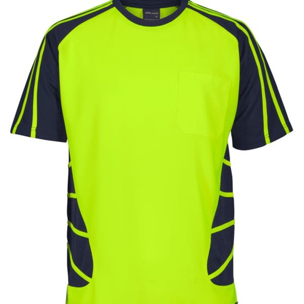 A short-sleeved t-shirt featuring a neon yellow front with a black collar and shoulder panels. It has a small chest pocket and stylized black design elements on the sides and sleeves.