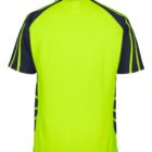 The image shows the back of a short-sleeve sports jersey in bright neon green with dark blue sleeves and side panels. There are blue stripe accents running down the shoulders and sides.