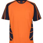 An orange and black short-sleeve T-shirt featuring contrasting black panels on the shoulders and sides, with orange piping on the sleeves and sides. The shirt includes a chest pocket on the left side.