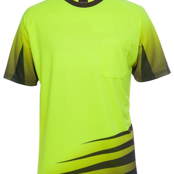 A bright yellow-green T-shirt with black accents on the sleeves and bottom. It features a small chest pocket and a black stripe pattern near the hem.