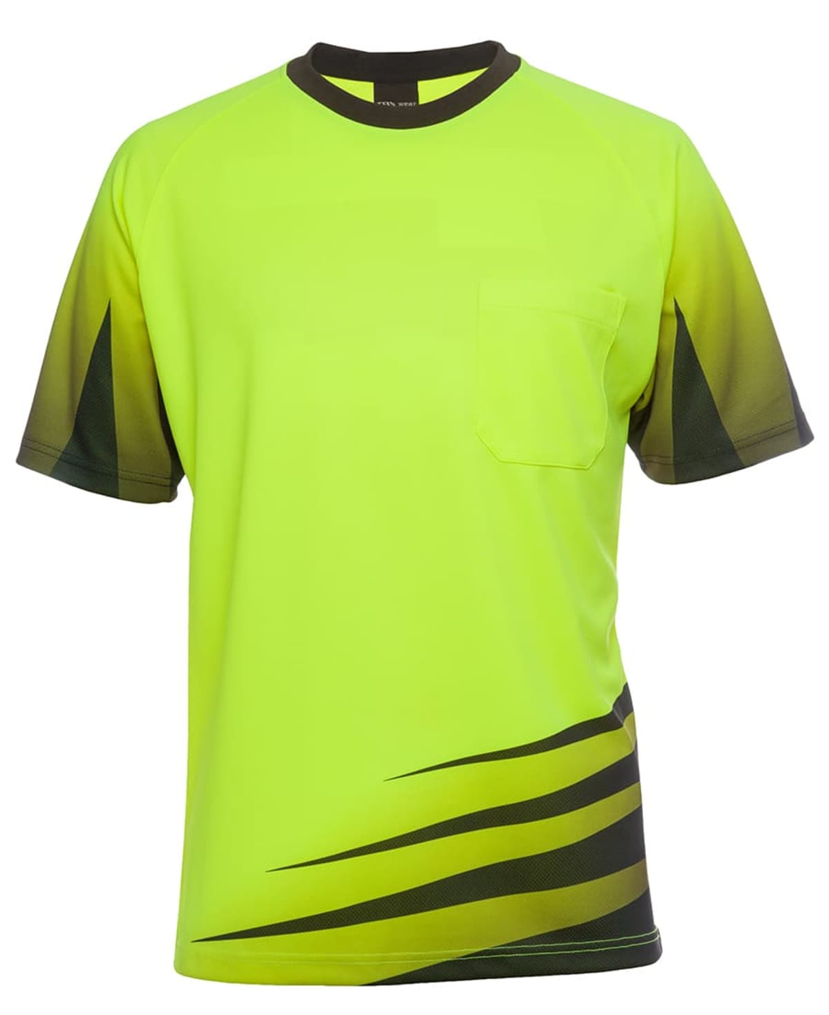 A bright yellow-green T-shirt with short sleeves and a round neckline. It features a black gradient design on the sides and bottom, a small pocket on the front, and a solid black collar.