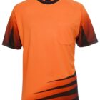 Orange and black T-shirt with short sleeves. It features a pocket on the left chest, black collar trim, and a unique design of black diagonal stripes on the lower left side.