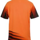 The image shows the back of an orange short-sleeved sports jersey with black gradient accents on the sleeves and black stripes at the bottom. The design is modern and dynamic, with no visible logos or text.