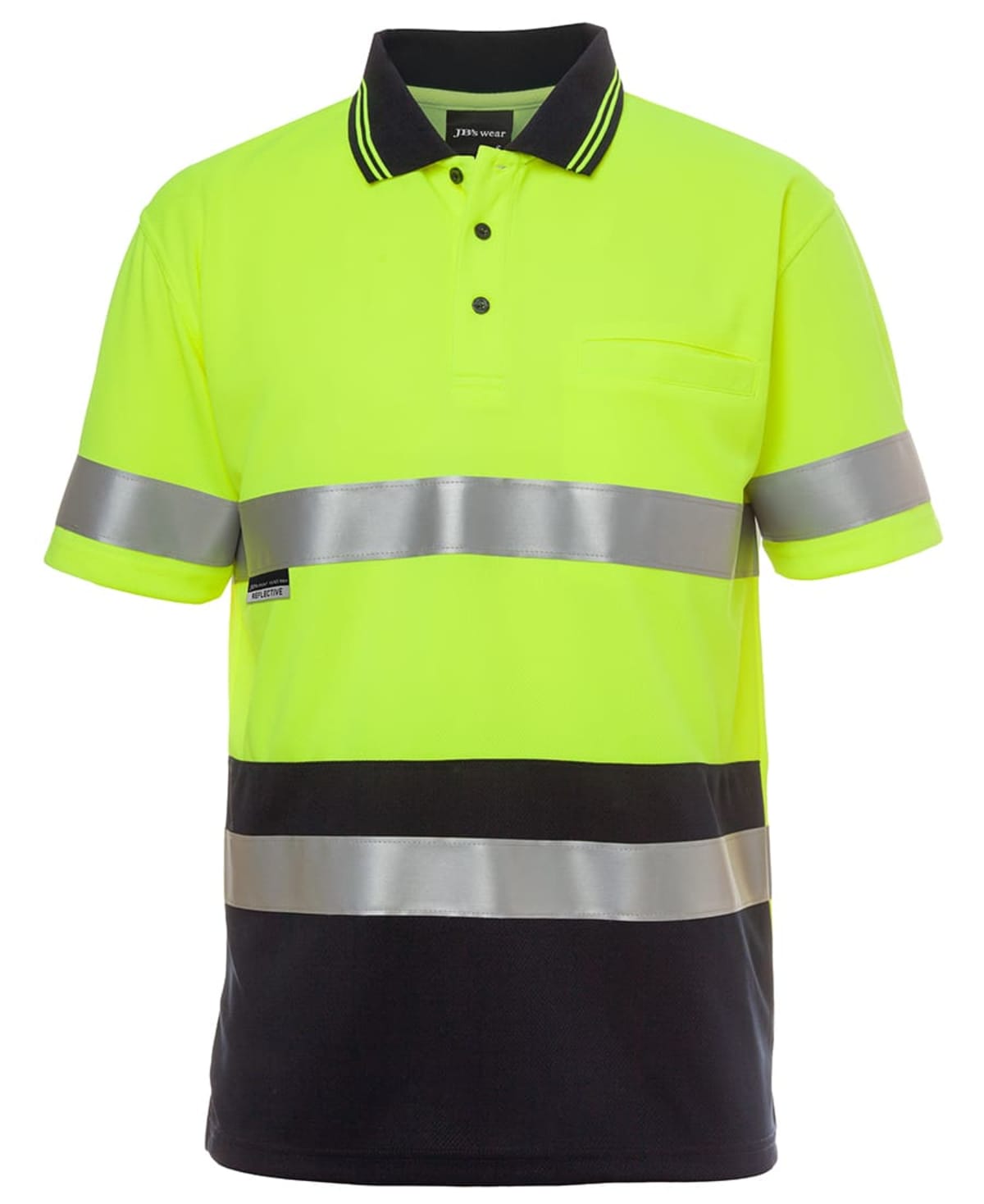 Bright yellow hi-vis polo shirt with black collar and two-button placket. Features reflective silver bands across the chest and waist, and black fabric at the bottom. Designed for safety and visibility.