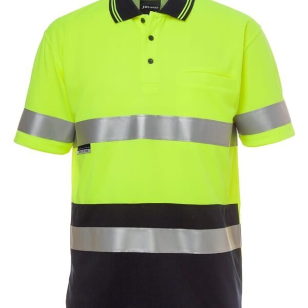 Bright yellow and black high-visibility polo shirt with reflective silver bands on the chest and waist. It features a collar and a small pocket on the upper left side.