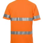 Orange high-visibility safety shirt with reflective silver bands across the chest, back, and sleeves, viewed from the back.
