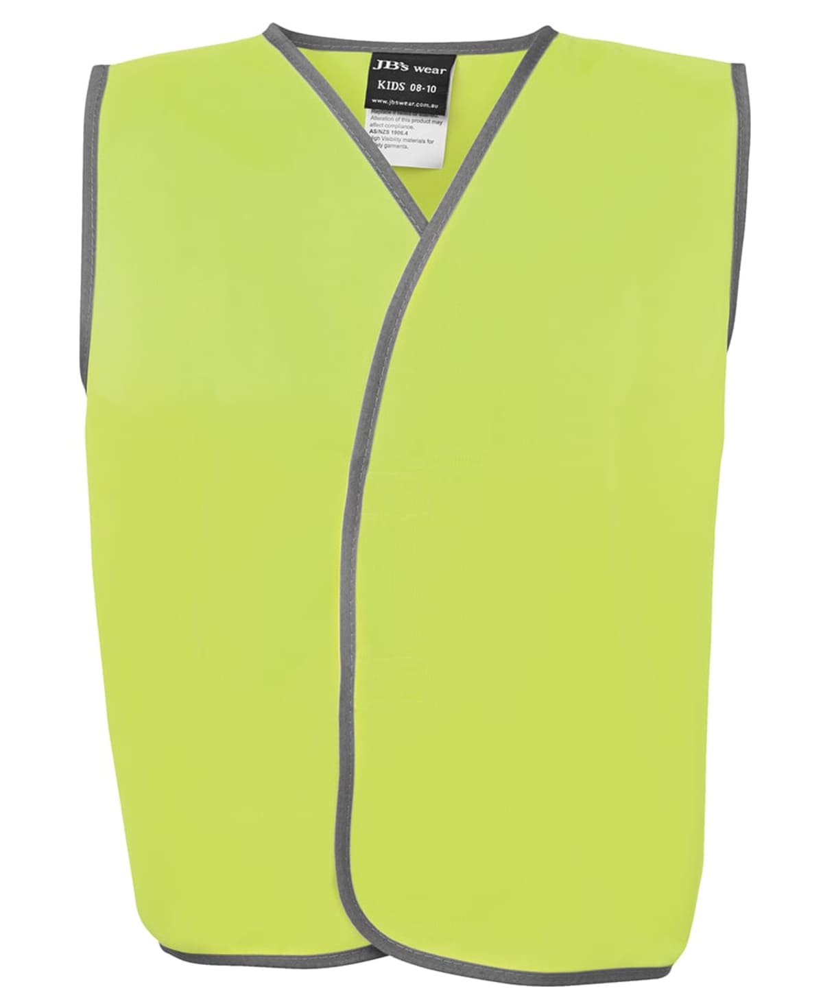 A bright yellow high-visibility safety vest for kids, intended for ages 6 to 10. The vest has dark gray edging and is sleeveless, with a label at the back of the neck.
