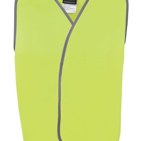 A fluorescent yellow safety vest with gray edging, designed for children aged 5-10. The vest has a label inside the collar area.
