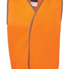 Bright orange safety vest with gray trim, designed for kids. The vest has an open front, and a tag is visible near the neckline.