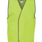 Bright yellow-green safety vest with gray trim and a label inside the collar area. The vest is sleeveless and designed for high visibility.