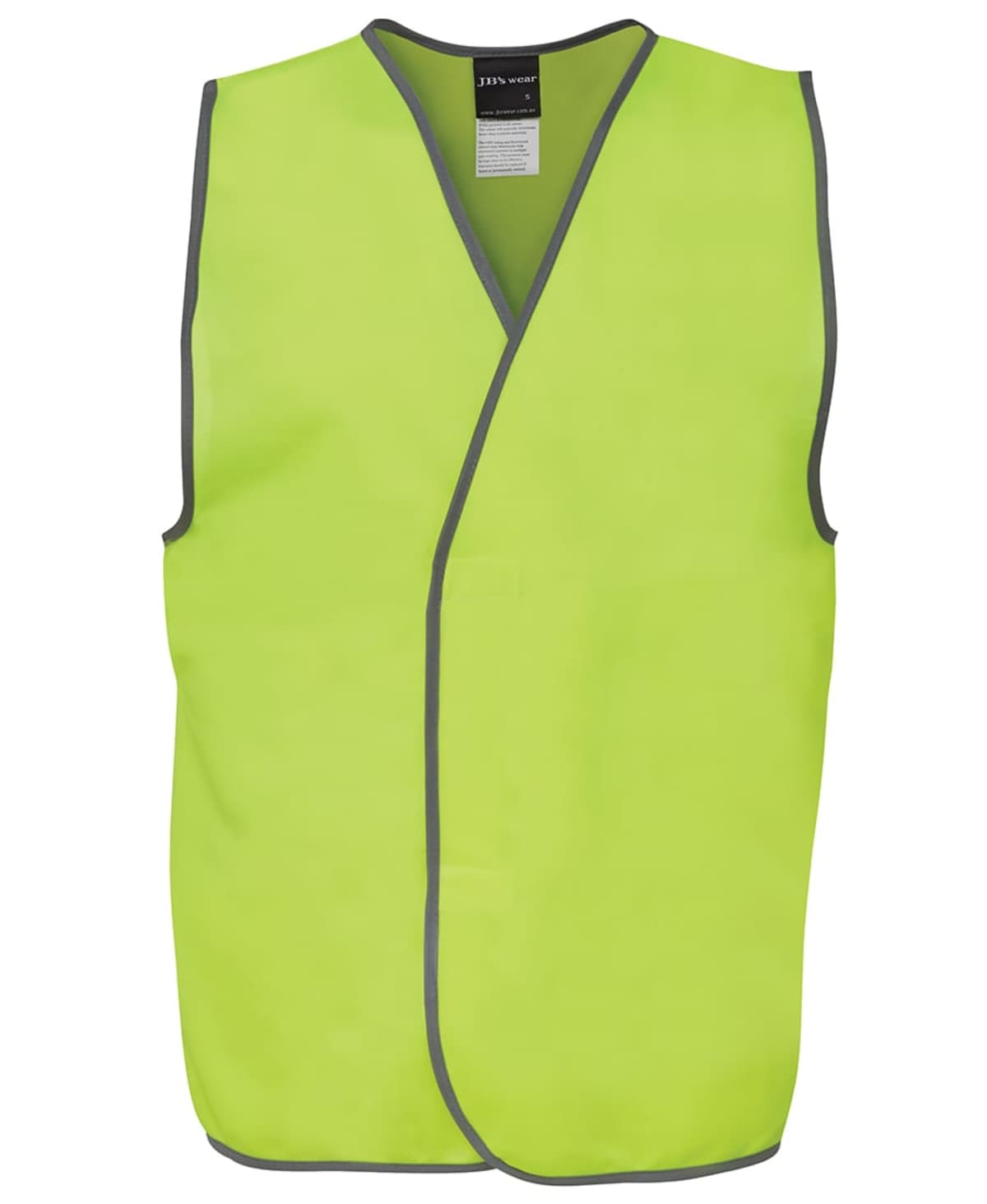 Bright yellow-green safety vest with gray trim and a label inside the collar area. The vest is sleeveless and designed for high visibility.