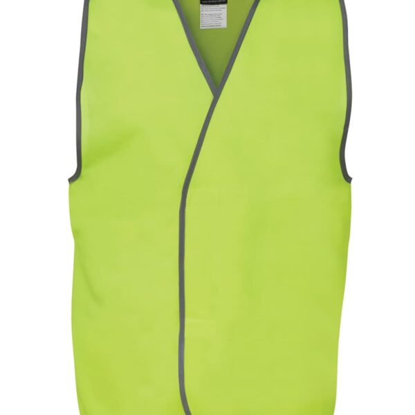 A bright yellow high-visibility safety vest with gray trim on the edges. The vest has a sleeveless design and appears to be made of a lightweight fabric.
