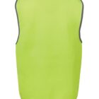 A back view of a bright yellow safety vest with gray trim along the edges, shown against a plain white background.