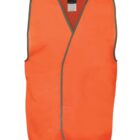 Orange safety vest with gray trim and an open front, shown on a plain white background. The vest appears sleeveless and is designed for visibility.