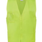 A bright yellow safety vest with a zipper front. It features a pocket on the left side and a small label at the bottom edge. The vest is sleeveless and designed for high visibility.