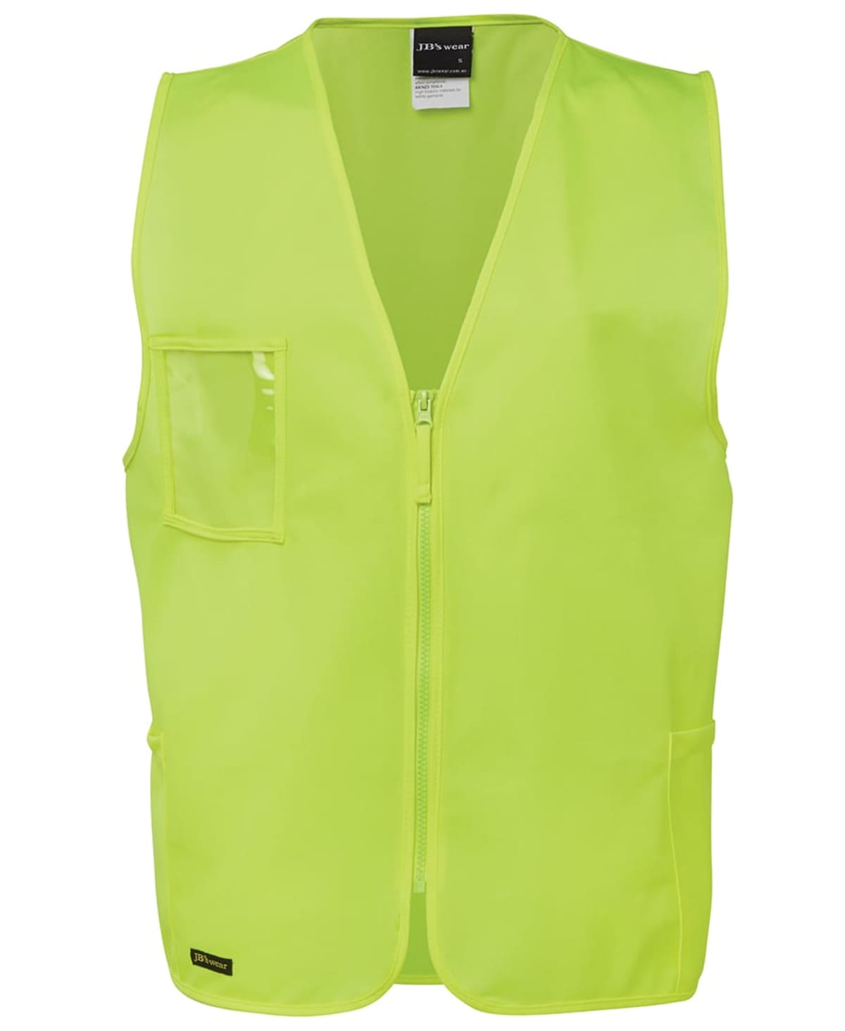 A bright yellow safety vest with a zipper front. It features a pocket on the left side and a small label at the bottom edge. The vest is sleeveless and designed for high visibility.