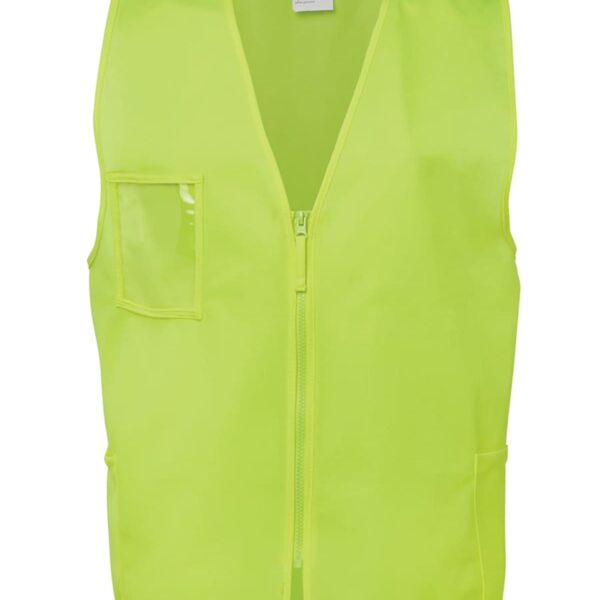 A bright yellow safety vest with a front zipper and multiple pockets, including one on the chest. The vest is designed for visibility and utility, often used in construction or outdoor work.